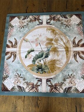 Botanical Lotus Print Square Mahjong Mat in Teal and Gold
